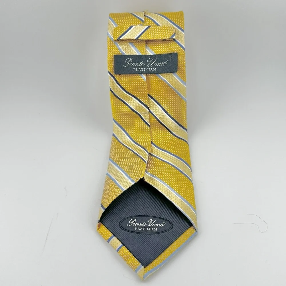Pronto Uomo Platinum Gold Blue Striped Tie Men's 100% Silk Handmade - Excellent